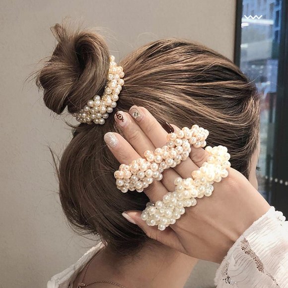LiveChicStyle Accessories - 3pc Regal White Pearl Elastic Hair Bands Set